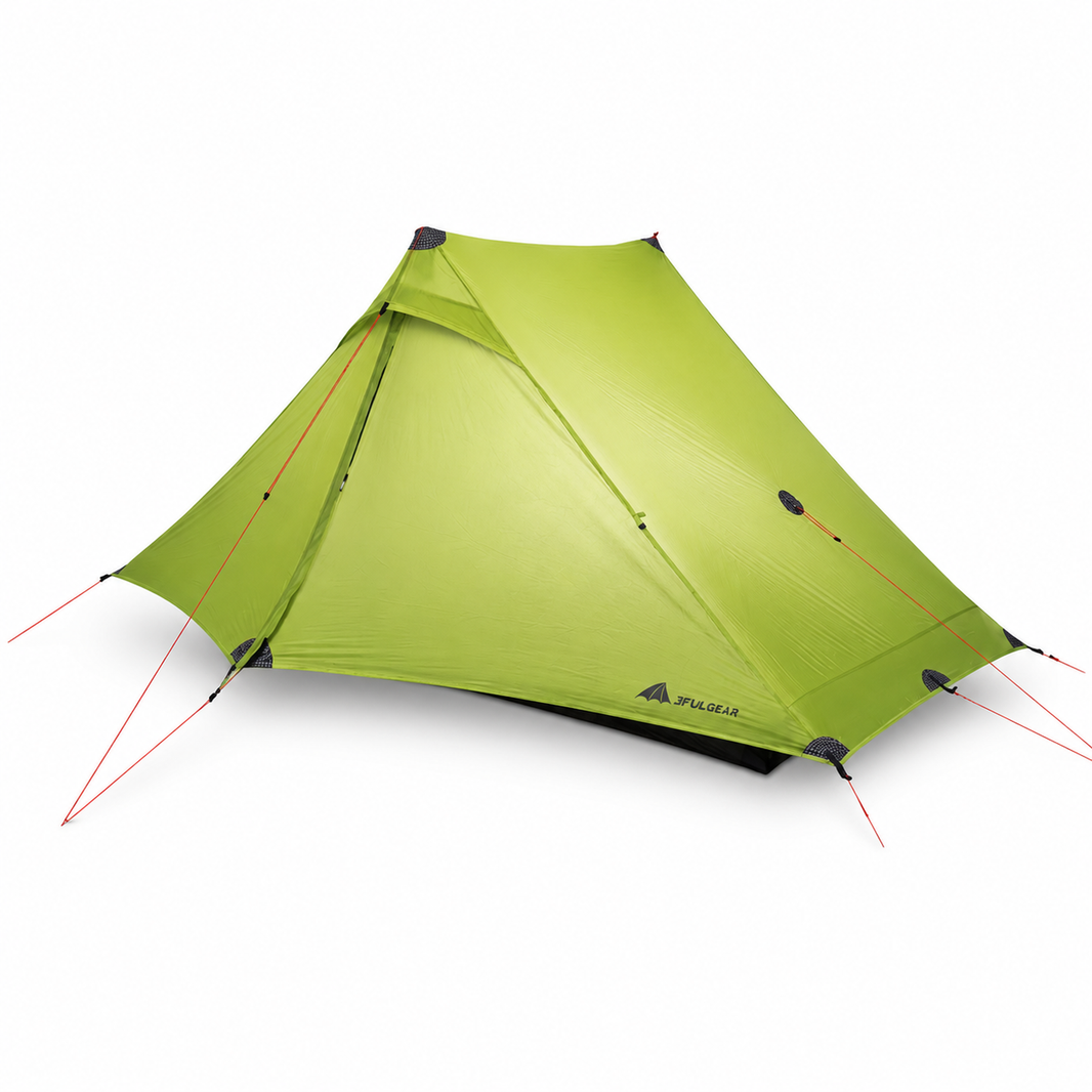 3F UL Gear Lanshan 2 Pro pitched, bright green two-person tent, studio white background
