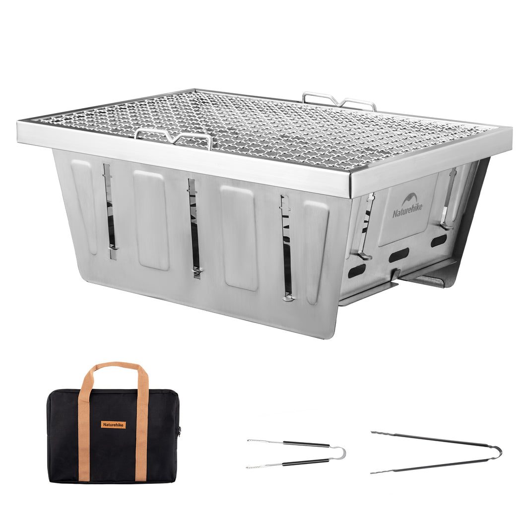A silver stainless steel folding grill with a barbeque net, shown alongside a storage bag and two skewers.