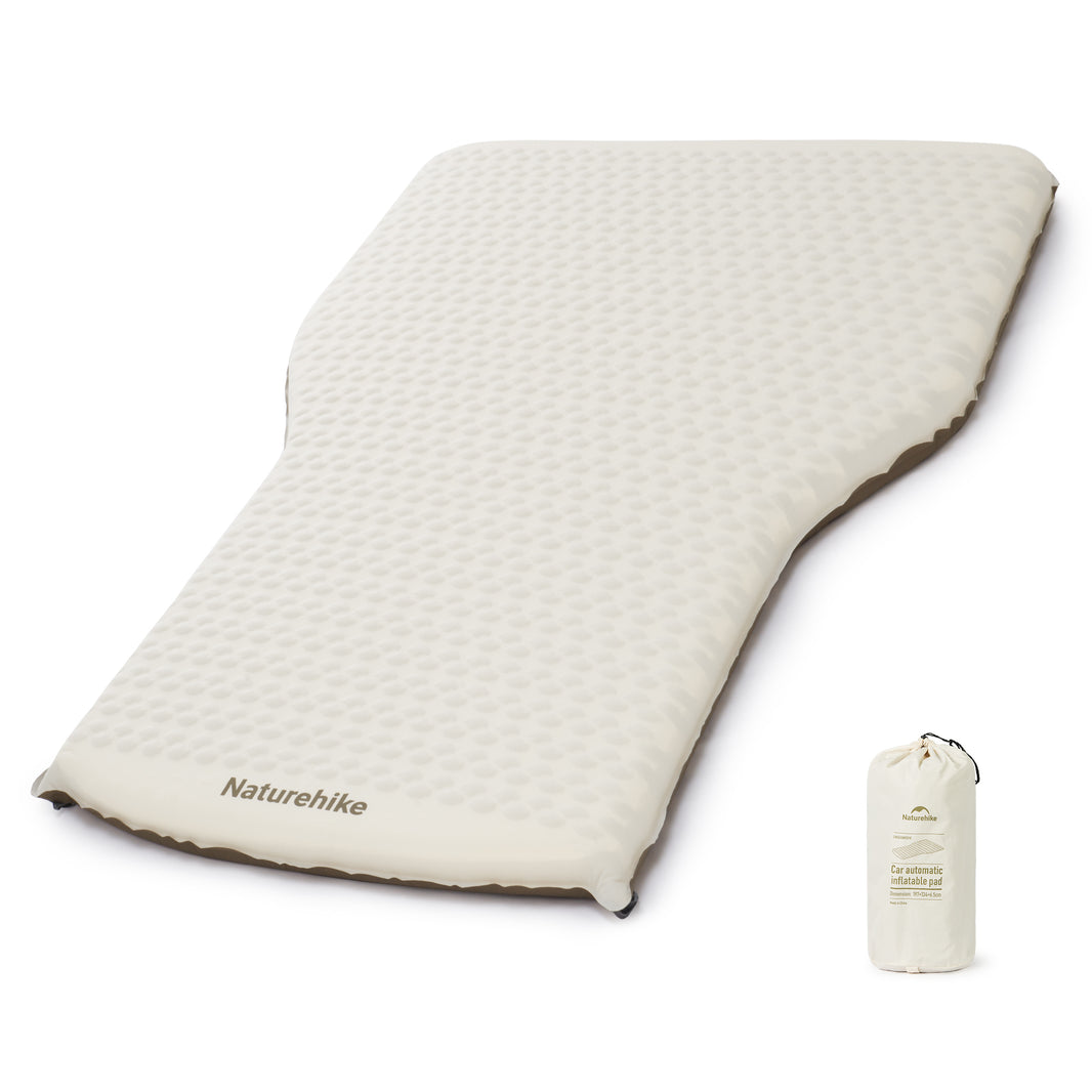 Naturehike branded automatic inflatable pad in khaki color with a textured surface, displayed alongside its carry bag.