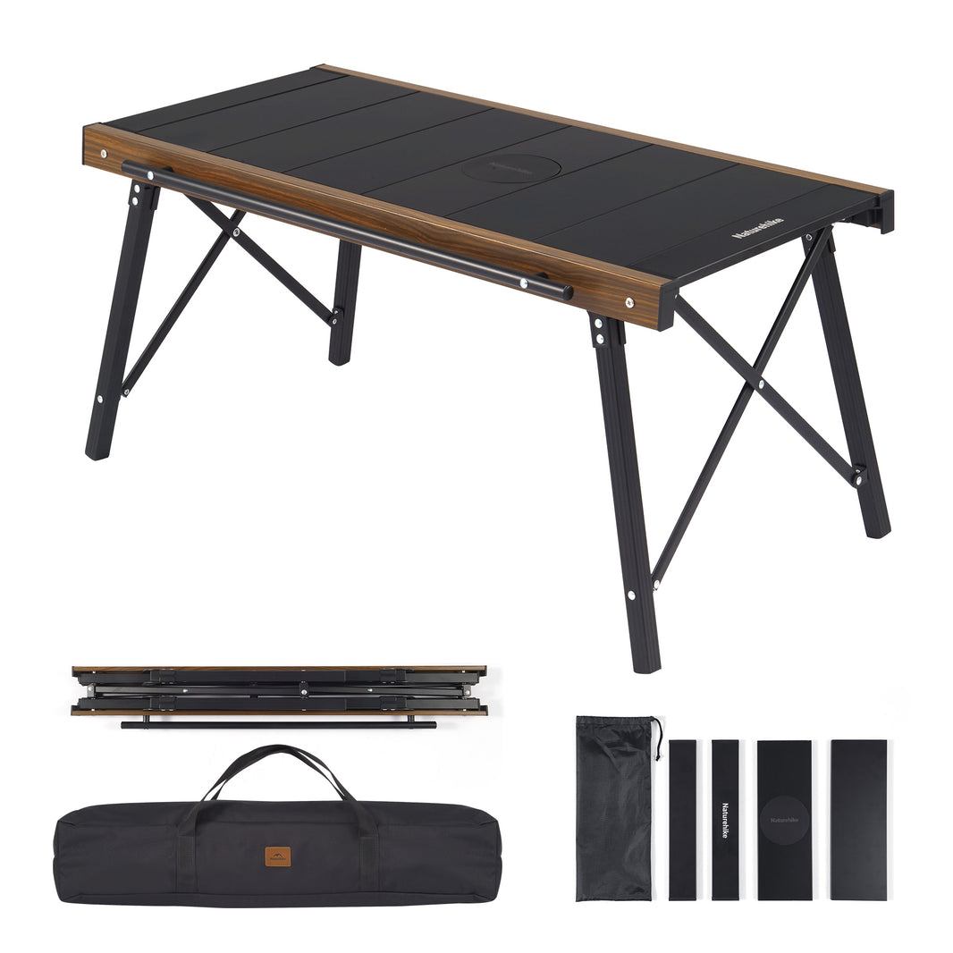 A foldable camping table with a black tabletop and aluminum frame, shown both assembled and folded, including a carrying case.