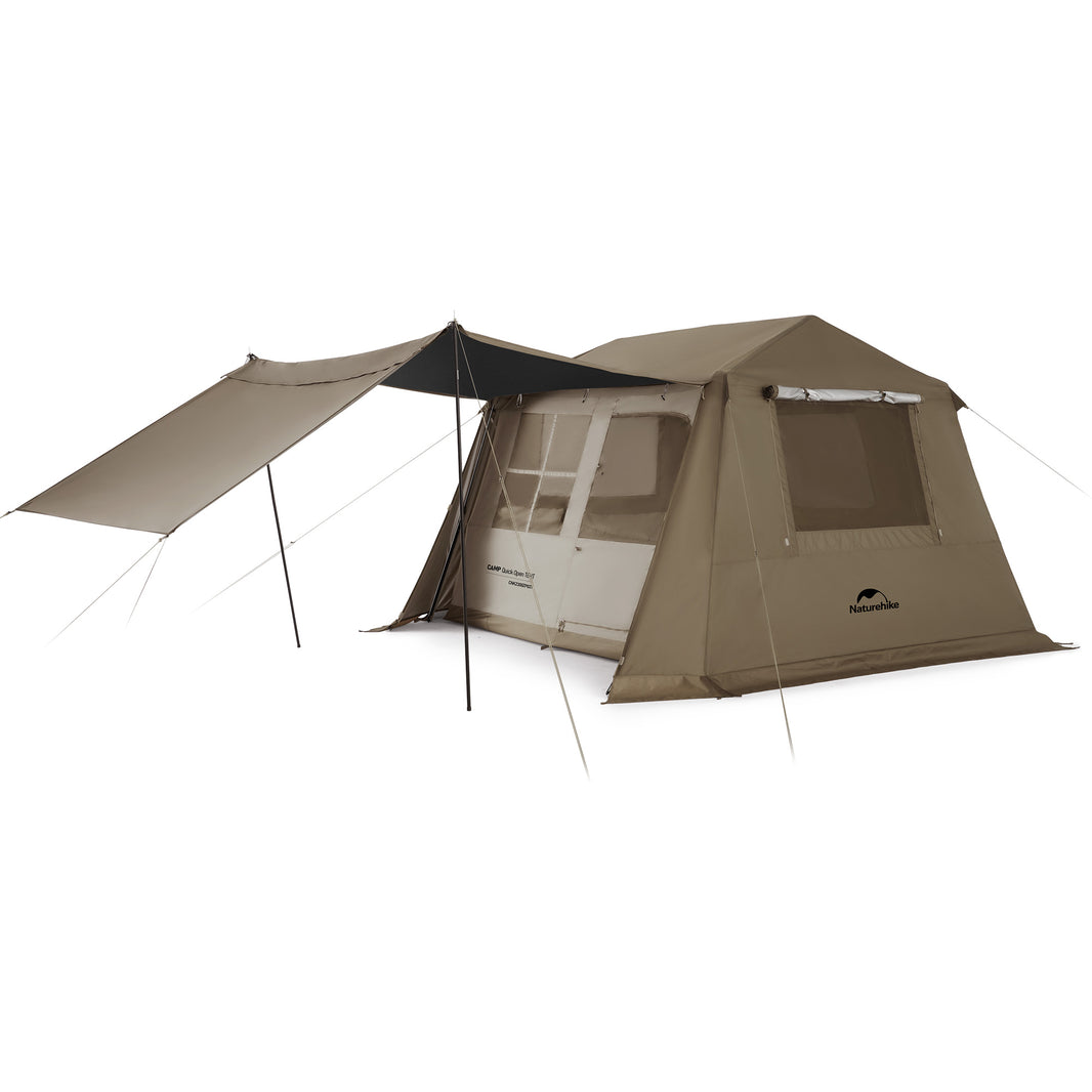 A brown Naturehike Village 6.0 2nd Generation Tent with a quick open design, featuring a spacious interior and an attached awning.