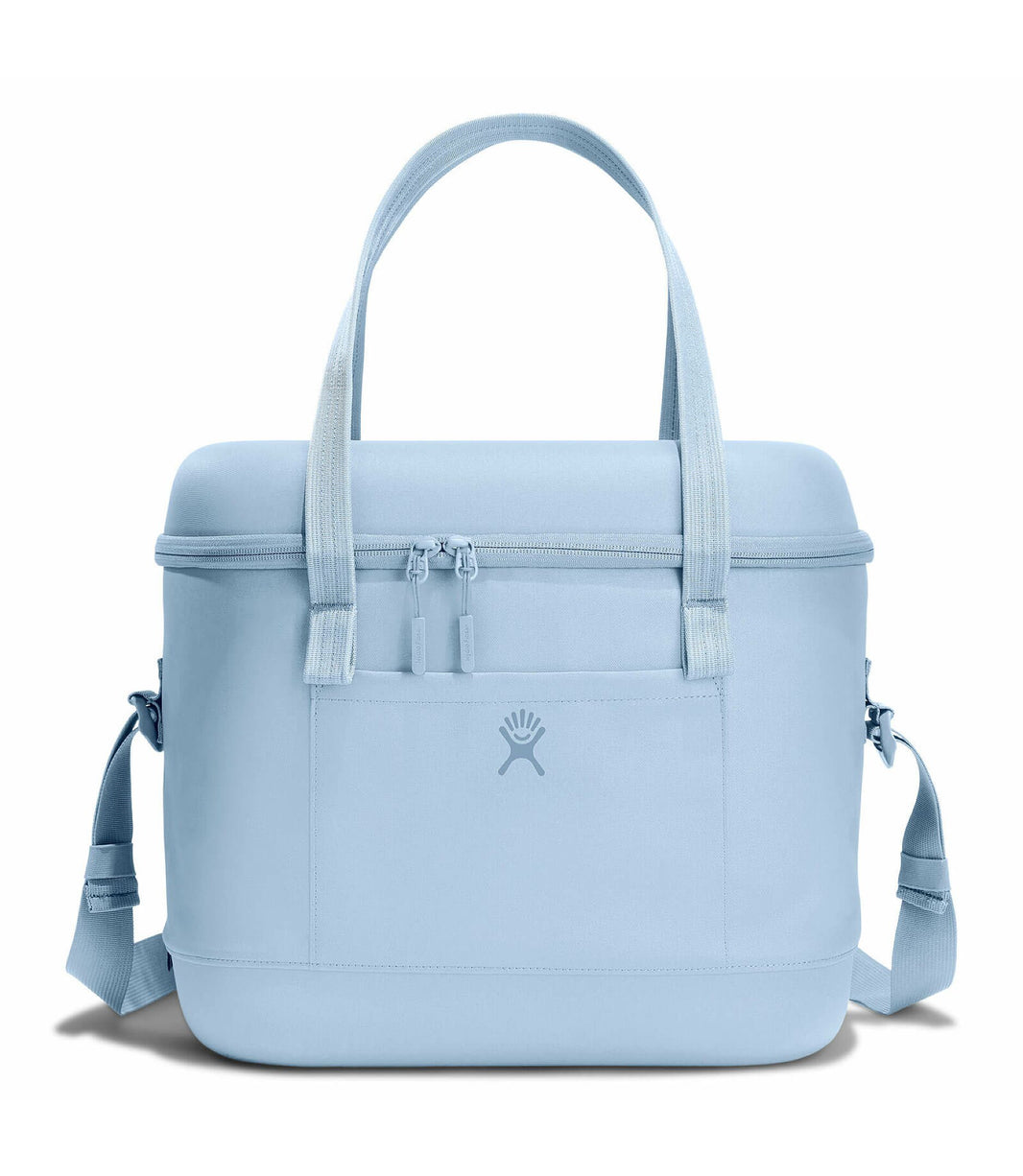 Light blue tote bag with shoulder straps on a white background