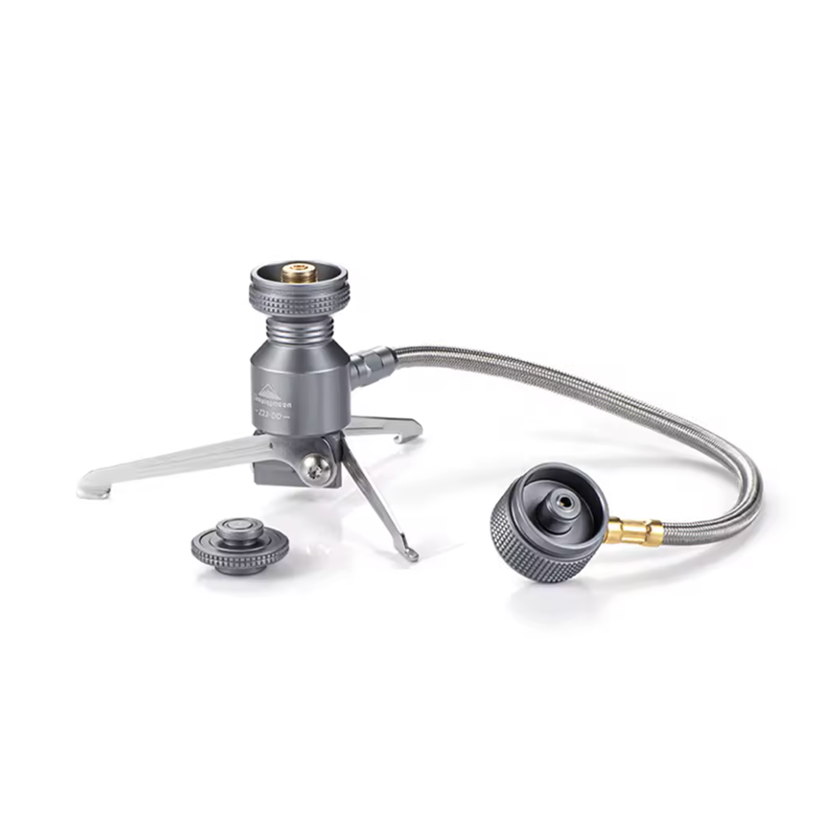Campingmoon Z23‑VC butane adapter with tripod stand and stainless braided hose, for remote connection to EN417 canister devices.