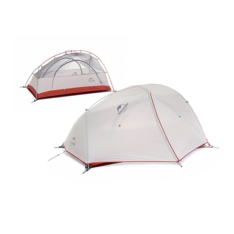 Two camping tents, one with a red border and the other with a logo, on a white background.