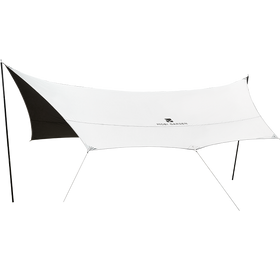 A white and black Mobi Garden tarp set up outdoors, likely made of polyester with a black coated section.