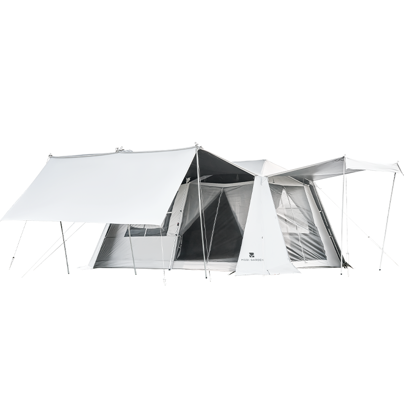 Large white cabin tent with a visible zipper entrance and a black coated exterior, set up outdoors.