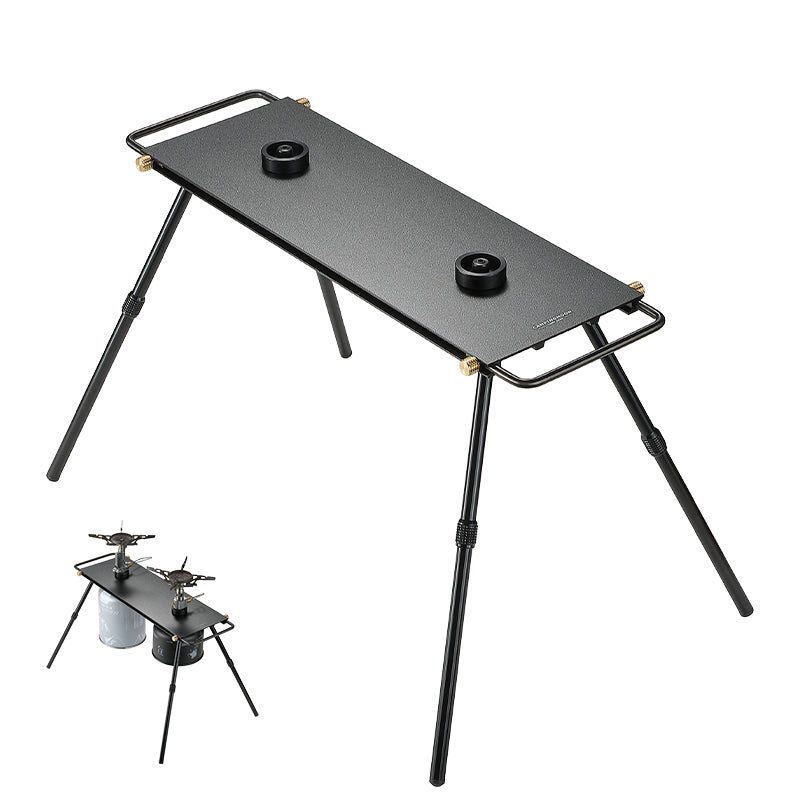 Campingmoon double gas stove unfolded with two burner ports and foldable legs, matte anodized finish