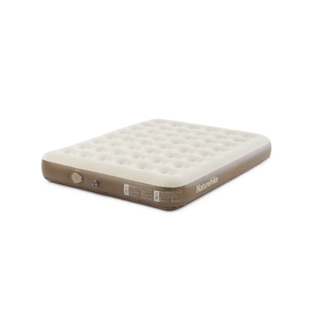 Naturehike double size inflatable mattress with built-in pump, beige color, inflated and displayed on a white background.