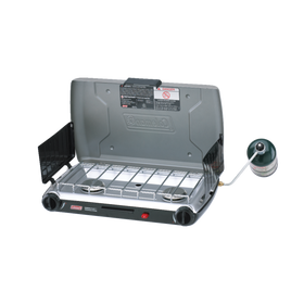 Coleman 2 Burner Triton Series Stove, open, with two burners and a windscreen.