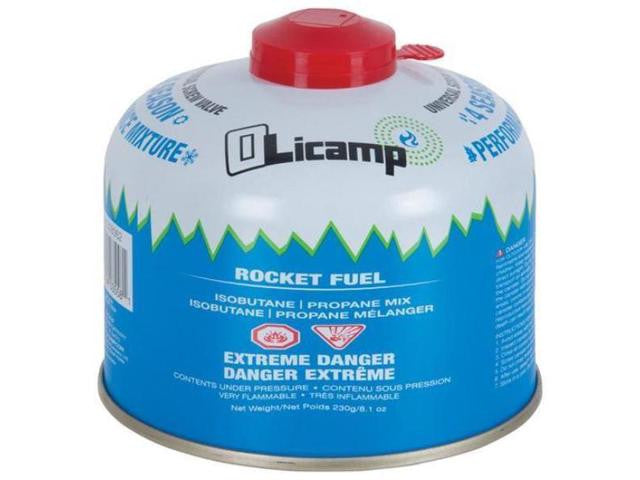 Olicamp Rocket Fuel 230 g isobutane propane canister, blue and white with a red valve cap.