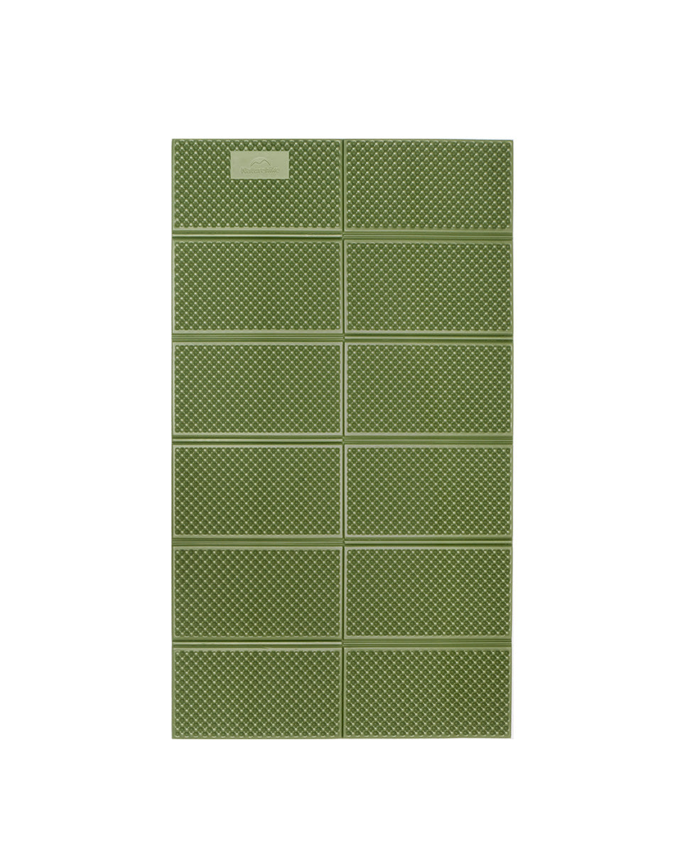 A green folding mat with a geometric pattern, designed for outdoor use.