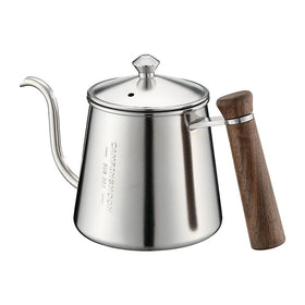 A stainless steel hand brew kettle with a gooseneck spout and a wooden-wrapped handle.