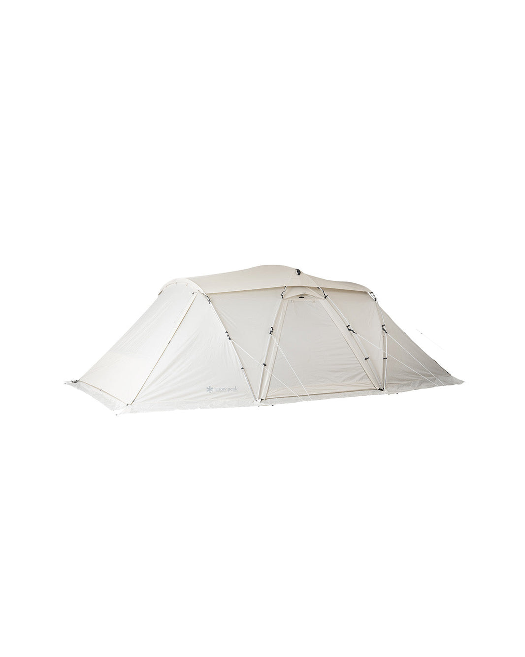 Snow Peak Land Nest Shelter TP-259 in ivory, fully closed and pitched, three-quarter studio view