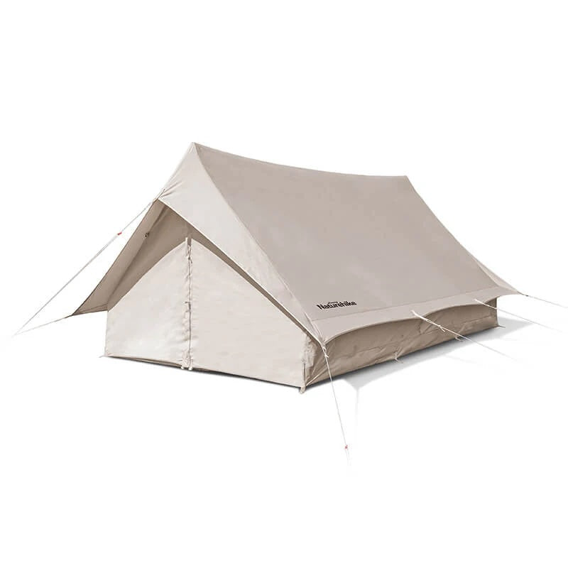 A beige A-frame cotton canvas camping tent with a YKK closure, including ropes and a pole for setup.