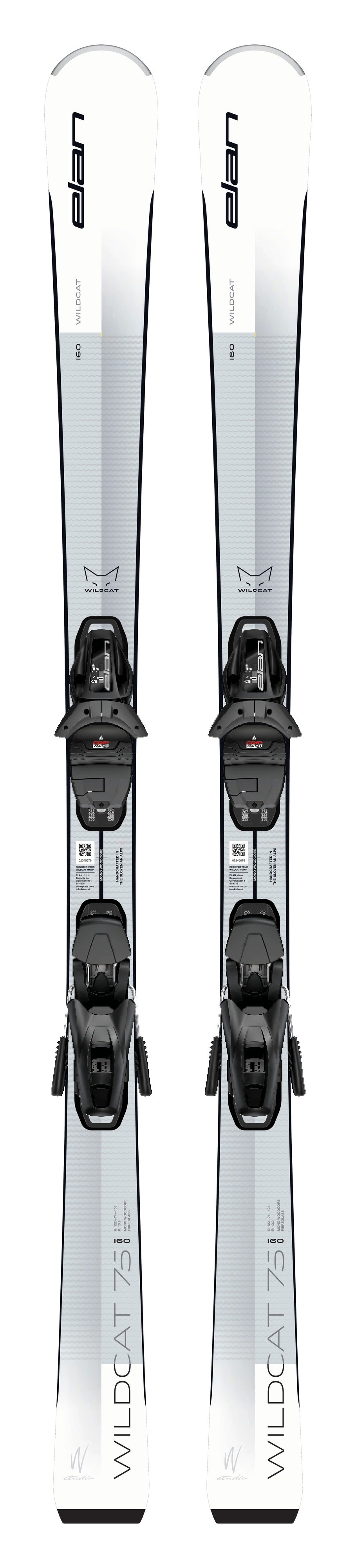 Elan Wildcat 75 White Skis + EL 9.0 GW Bindings - Women's - upright full-length topsheet