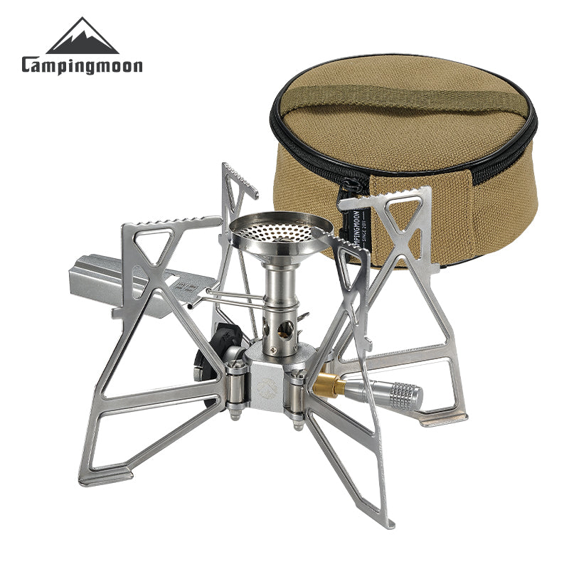 CampingMoon butane camping stove XD-3F with a foldable design, displayed alongside its attached storage bag.