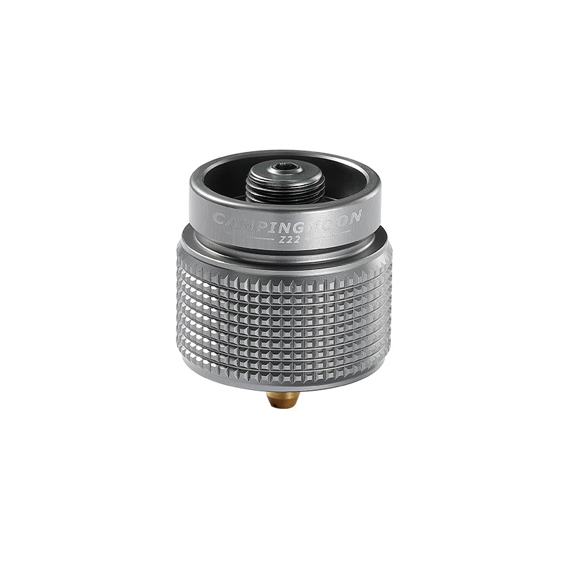 Campingmoon Z22 propane-to-EN417 adapter—compact duralumin and brass converter for 1 lb propane canisters.