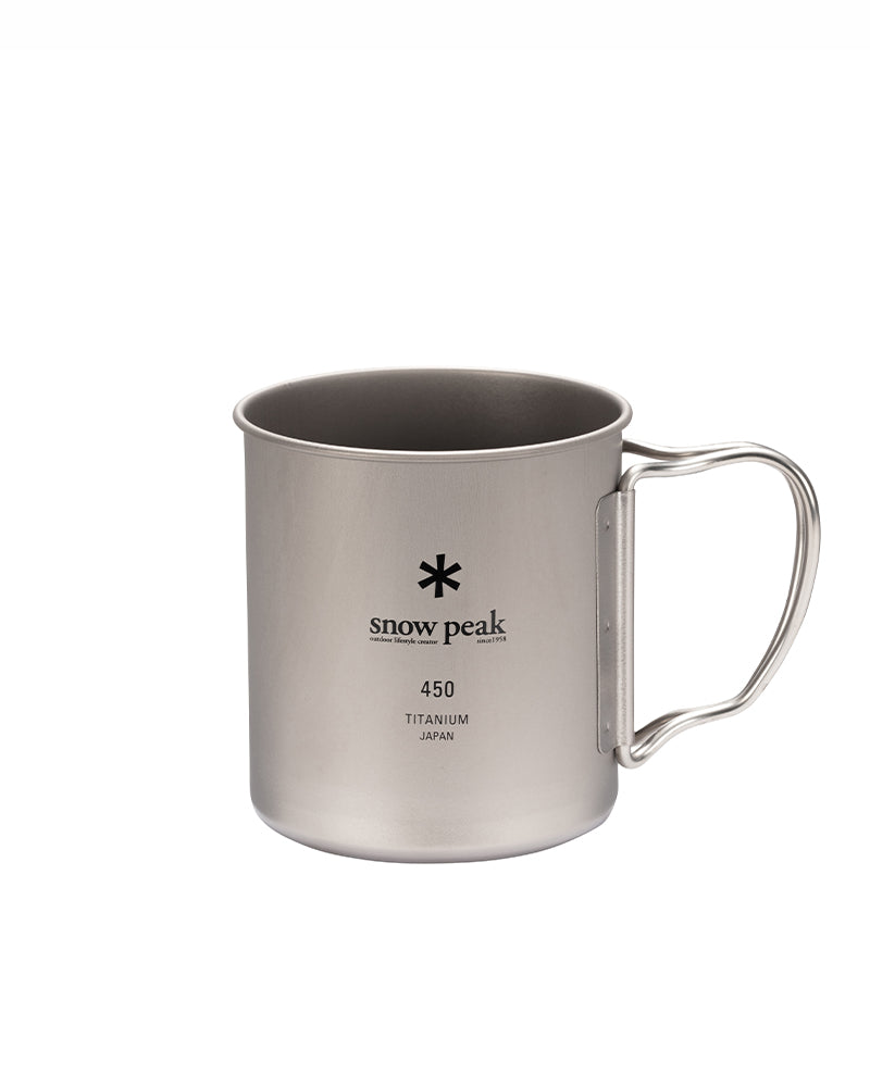 Snow Peak Ti-Single 450 titanium camping mug, side view, wire handle extended, marked 450 TITANIUM JAPAN
