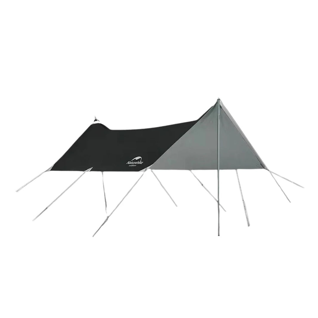 A silver and black Naturehike girder shelter tarp set up with two poles and guy ropes.