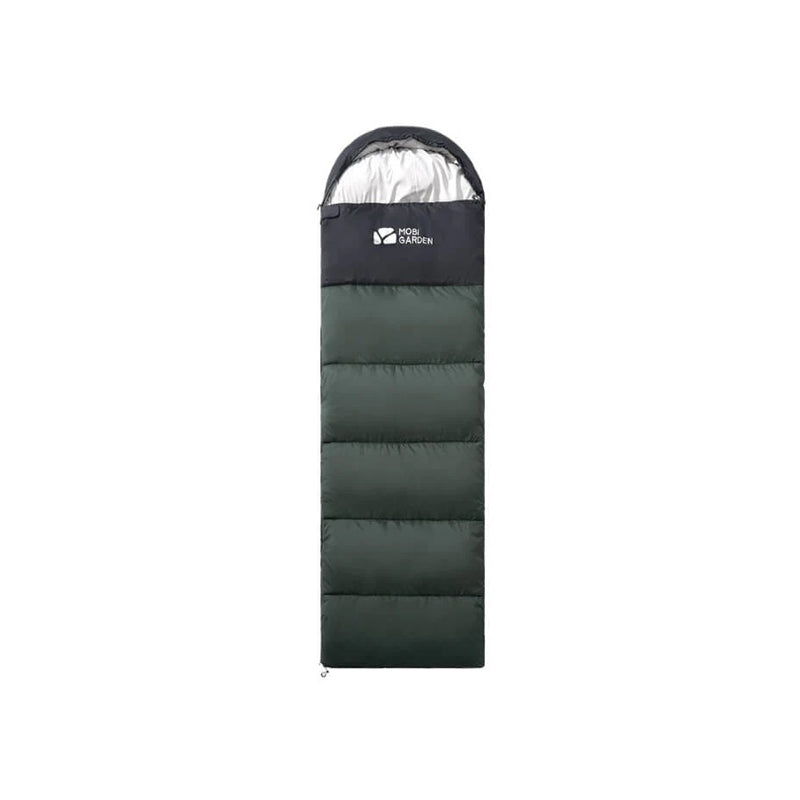 Green envelope-style sleeping bag with a zipper, suitable for camping in mild temperatures.