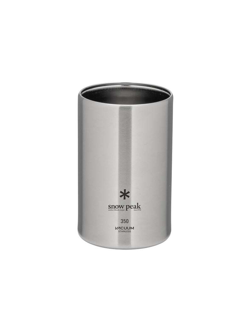 Snow Peak Shimo Can Cooler 350 TW-355, brushed stainless steel, empty and upright on a white studio background