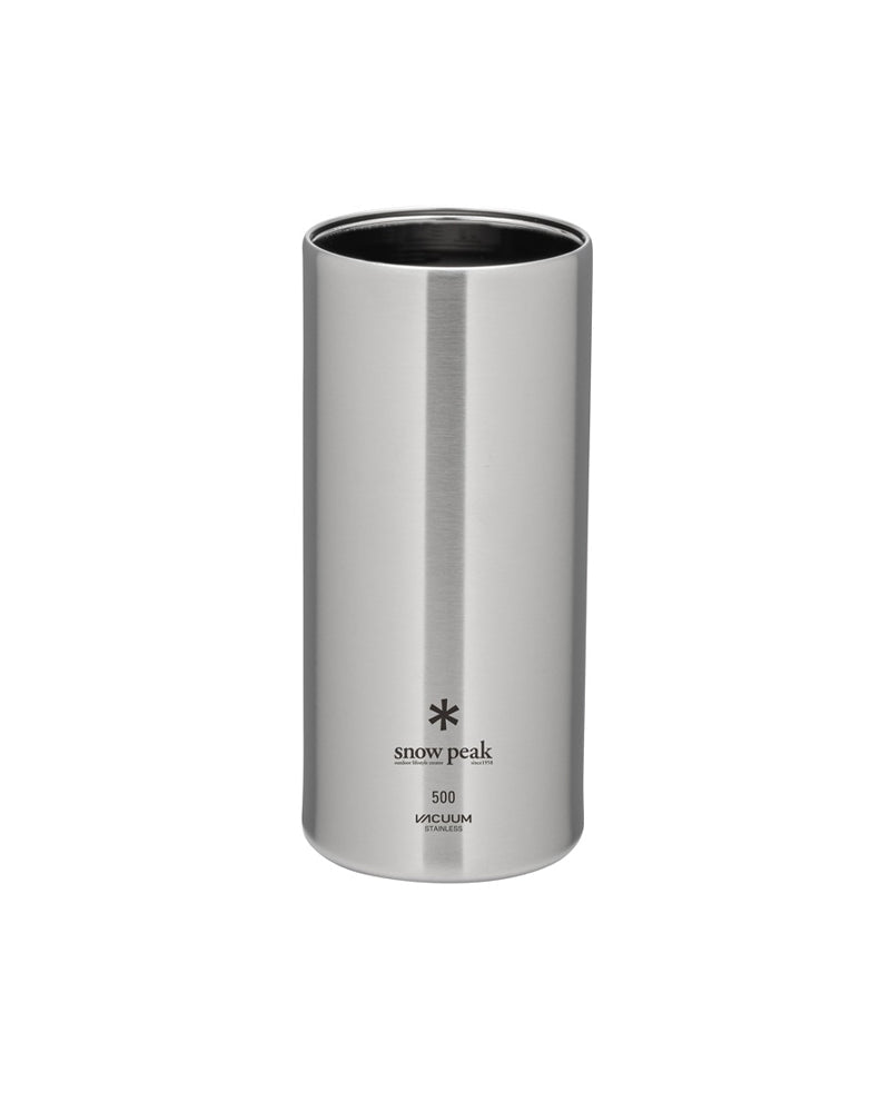 Snow Peak Shimo Can Cooler 500, brushed stainless steel body etched with snow peak logo and 500 VACUUM STAINLESS mark