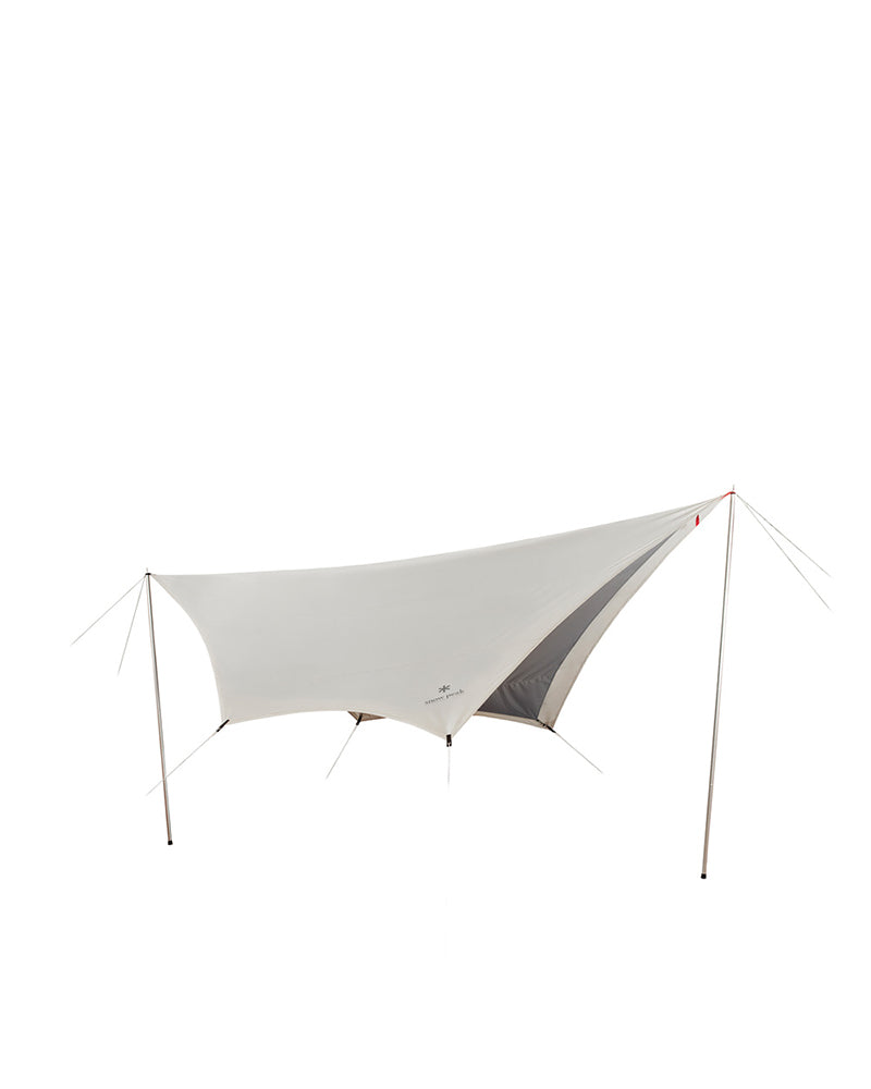Snow Peak Takibi Tarp Hexa Set M in ivory, pitched on two silver wing poles with the grey inner roof beneath, studio shot
