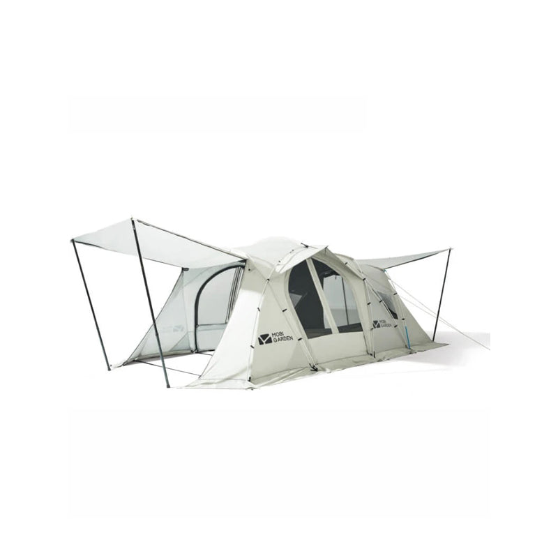 A white, double-layered tunnel tent with a double Y-shaped design and additional mesh awnings for camping.