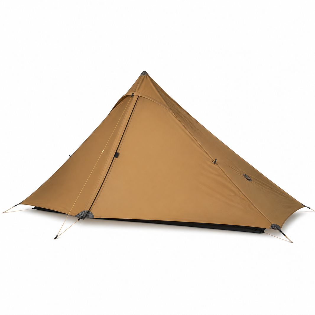 3F UL Gear Lanshan 1 Pro pitched, khaki single-wall pyramid tent, studio white background
