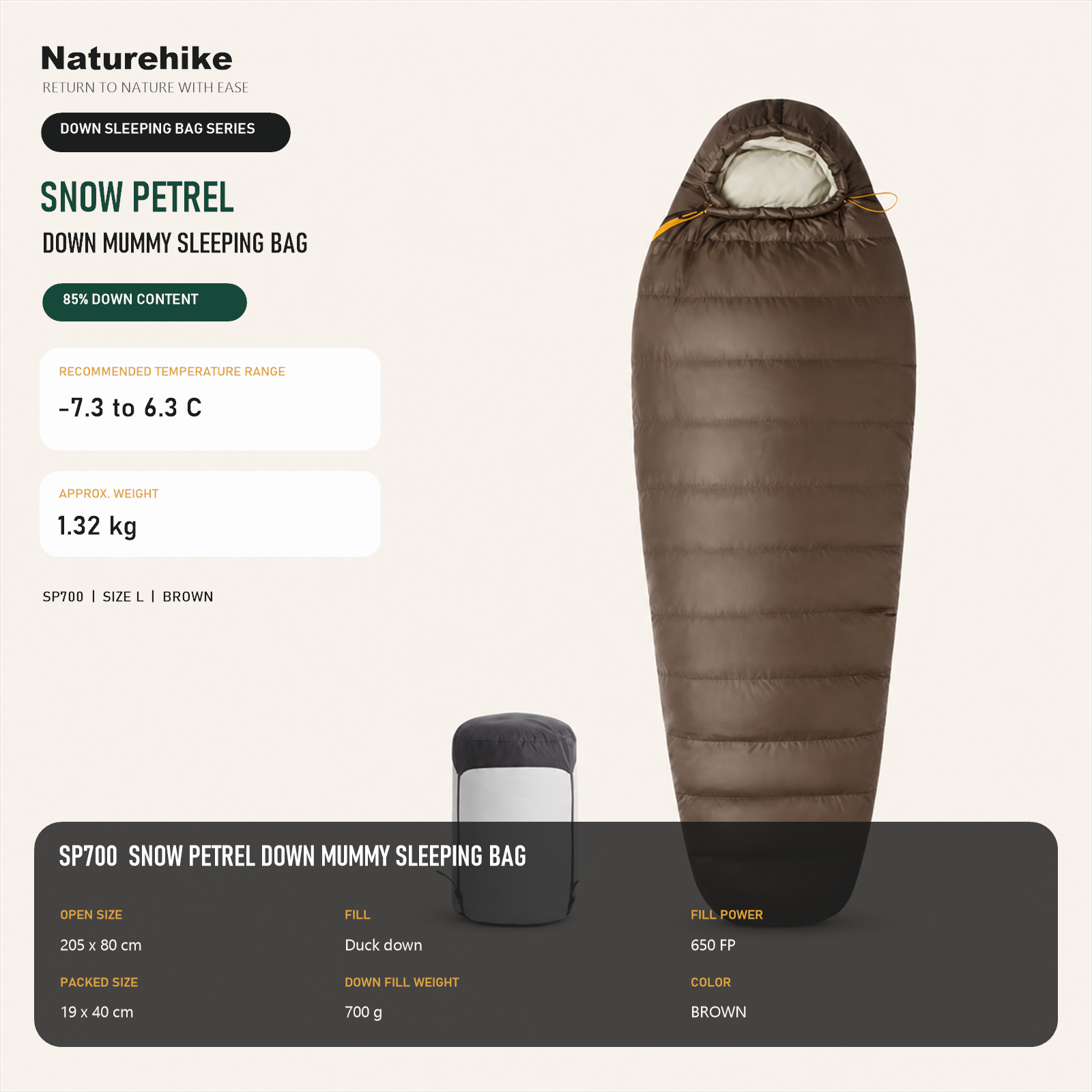 Naturehike Snow Petrel SP700 down mummy sleeping bag in brown with compression sack: 700 g duck down fill, 650FP, recommended -7.3 to 6.3 C, 1.32 kg, packs to 19 x 40 cm.