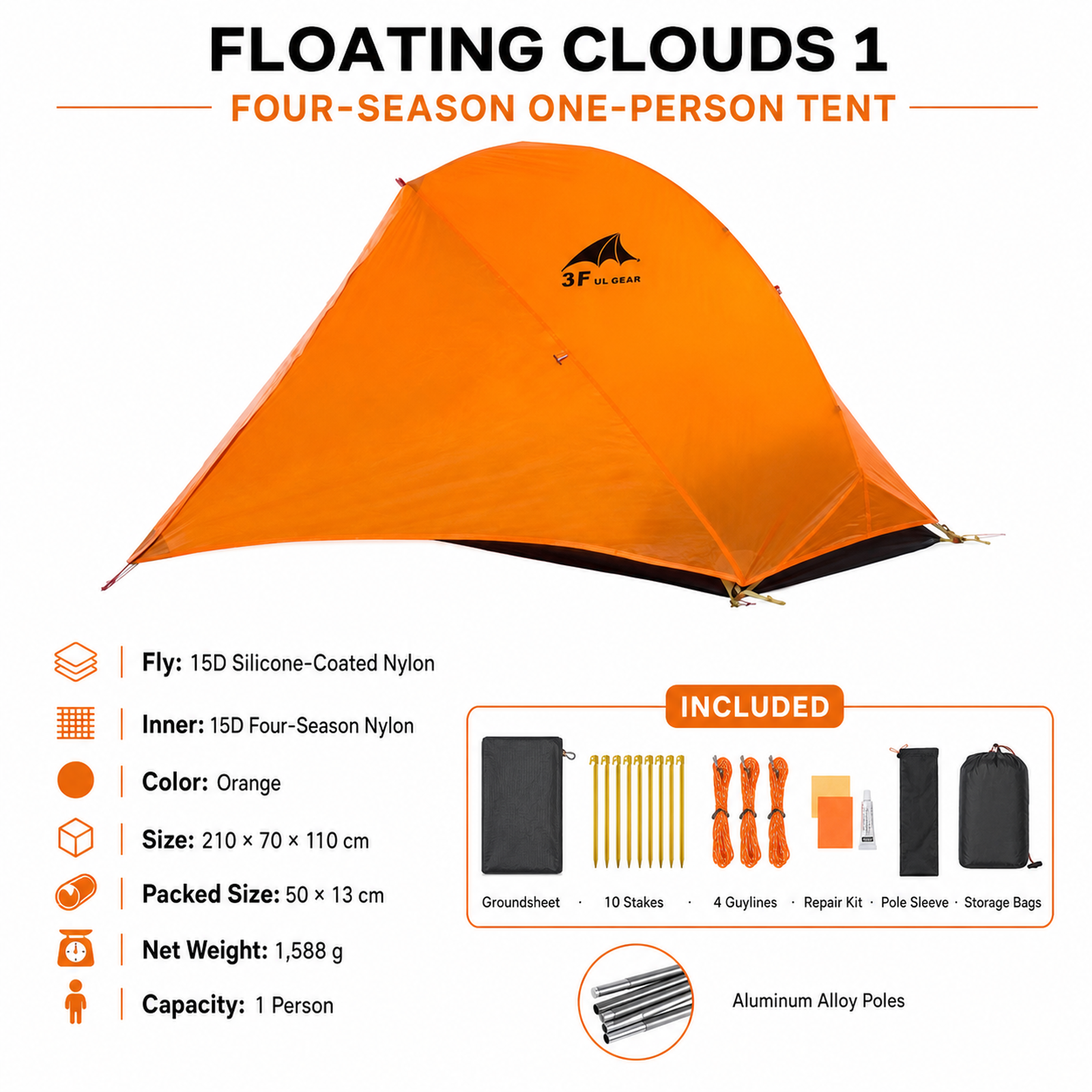 Specification overview with the included groundsheet, 10 stakes, 4 guylines, repair kit, pole sleeve and storage bags