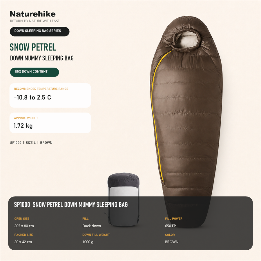 Naturehike Snow Petrel SP1000 down mummy sleeping bag in brown with compression sack: 1000 g duck down fill, 650FP, recommended -10.8 to 2.5 C, 1.72 kg, packs to 20 x 42 cm.