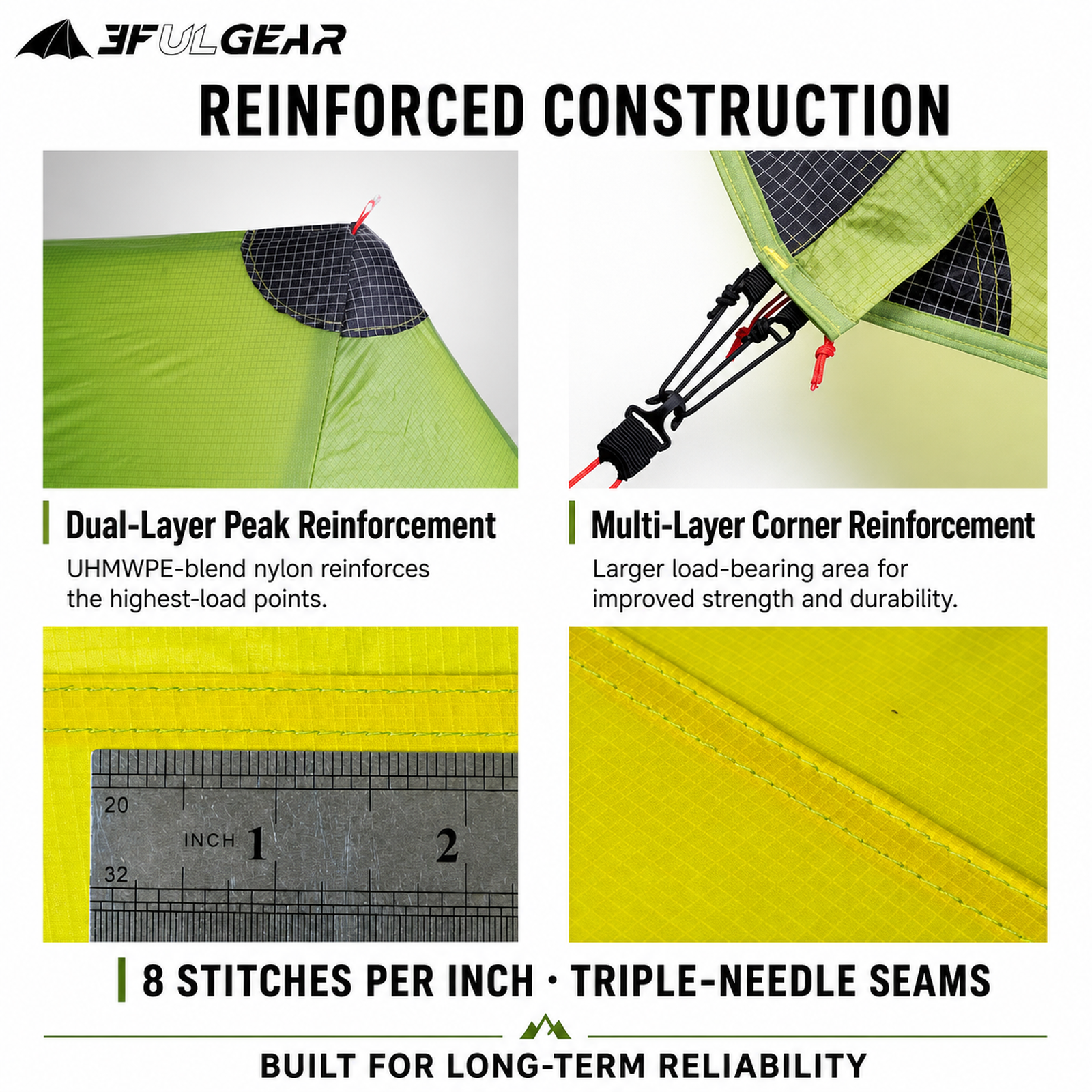 Reinforced construction: dual-layer peak, multi-layer corners, eight stitches per inch triple-needle seams