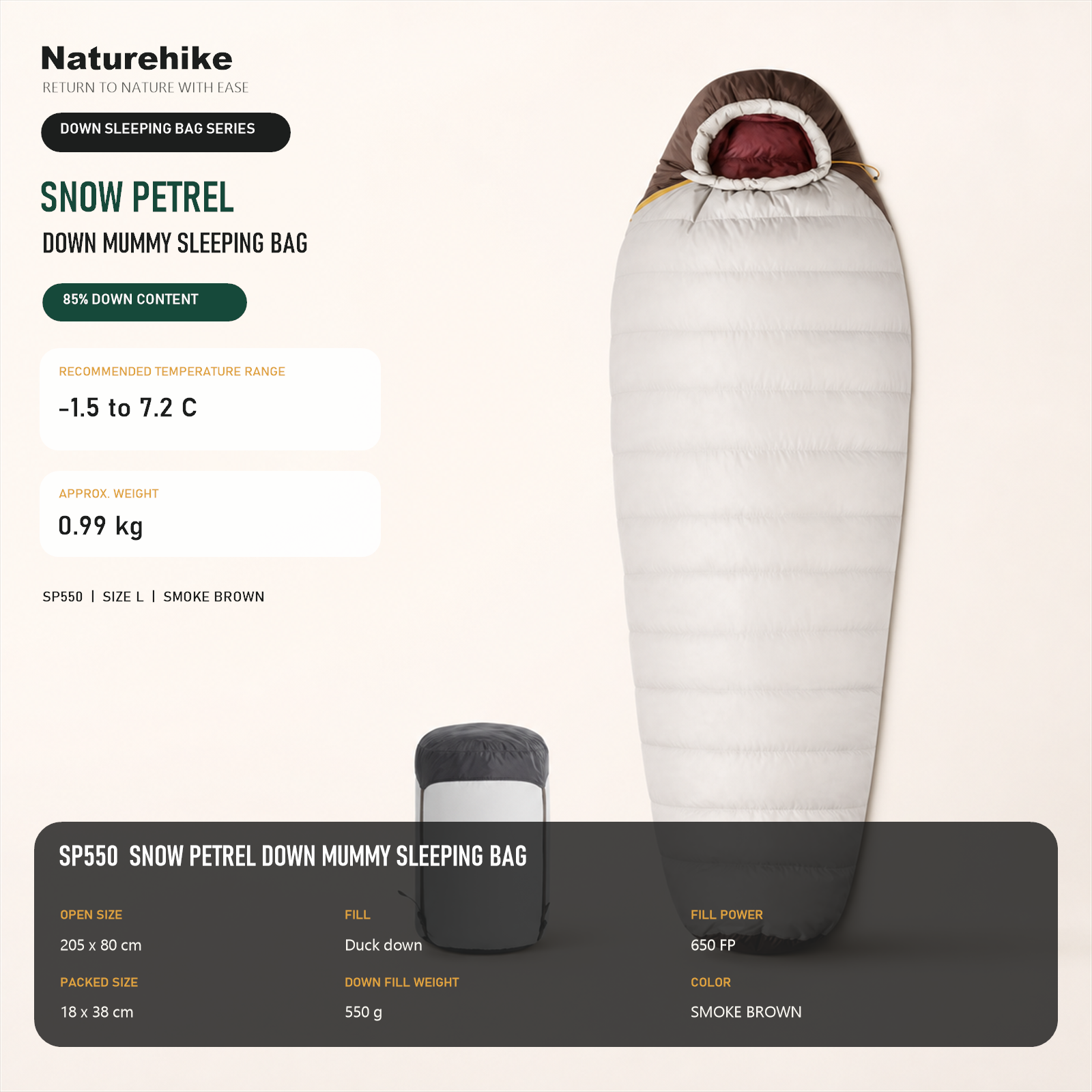 Naturehike Snow Petrel SP550 down mummy sleeping bag in smoke brown with compression sack: 550 g duck down fill, 650FP, recommended -1.5 to 7.2 C, 0.99 kg, packs to 18 x 38 cm.