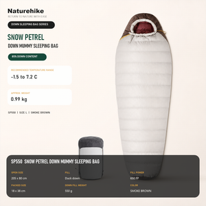 Naturehike Snow Petrel SP550 down mummy sleeping bag in smoke brown with compression sack: 550 g duck down fill, 650FP, recommended -1.5 to 7.2 C, 0.99 kg, packs to 18 x 38 cm.