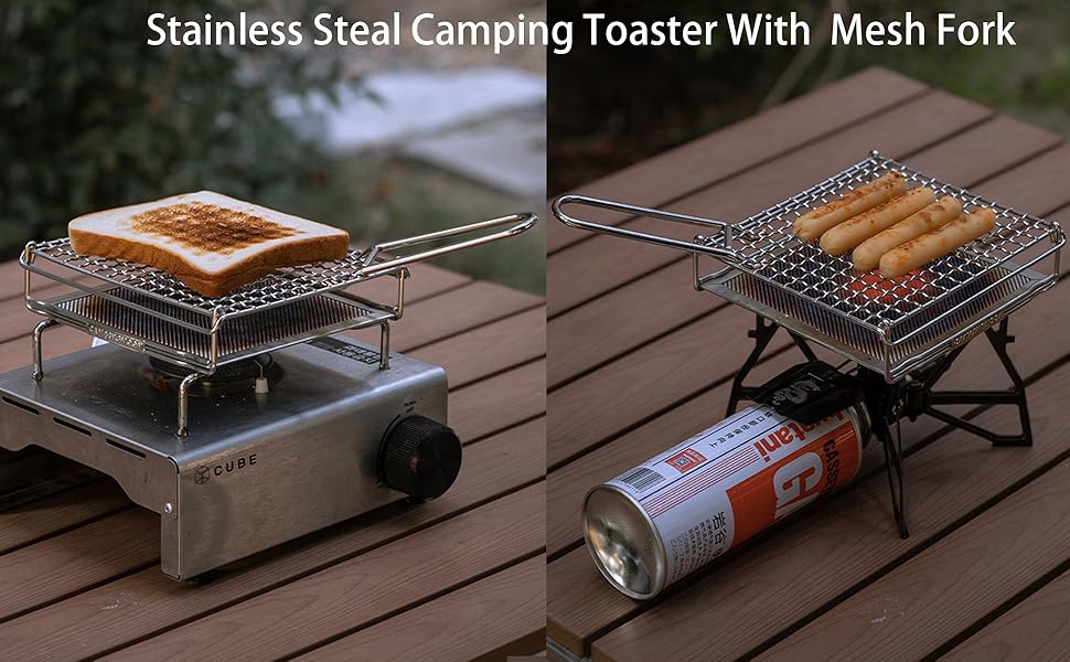 Compact stainless steel Campingmoon toaster placed on a cassette-style gas burner