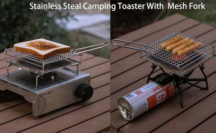 Compact stainless steel Campingmoon toaster placed on a cassette-style gas burner