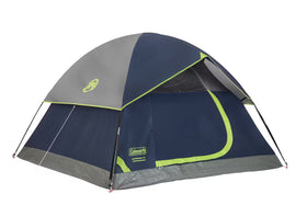 Coleman tent with blue and gray design on a white background