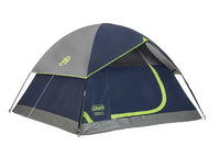 Coleman tent with blue and gray design on a white background