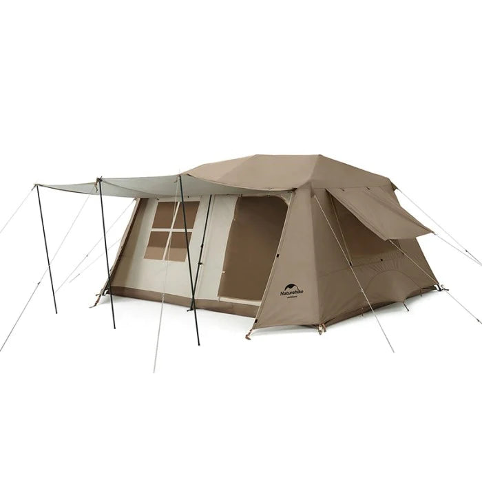 A brown Naturehike Village 13 ridge automatic tent with a spacious entrance and an extended awning.