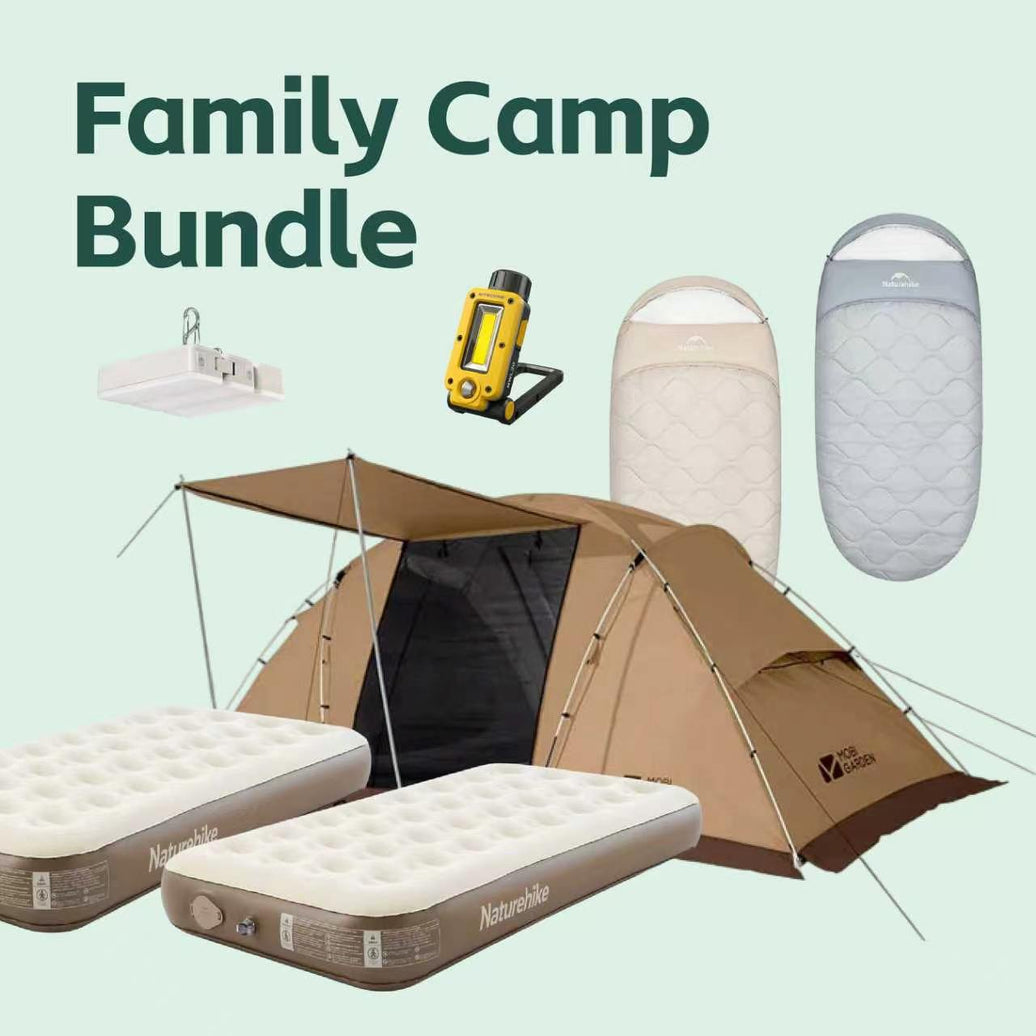 Family Camp Bundle: Mobi Garden SJ 4 tunnel tent in brown with its awning out, two single built-in-pump air mattresses, two egg-shaped cotton sleeping bags in cream and grey, a Zhe Guang panel light and a yellow Nitecore NWL20 work light.