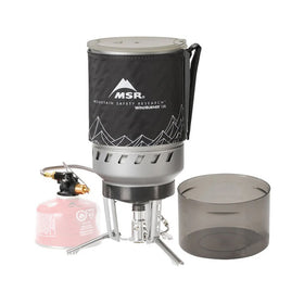 MSR WindBurner Duo System U24 fully assembled with pot cozy and remote canister