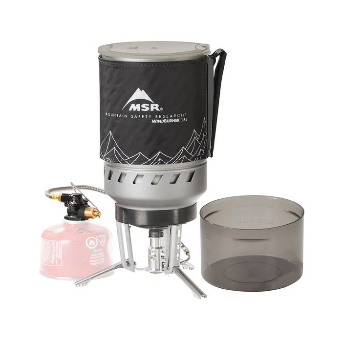 MSR WindBurner Duo System U24 fully assembled with pot cozy and remote canister