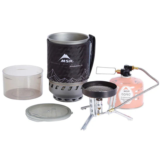 MSR WindBurner Duo System components laid out—pot, cozy, lid, burner base, remote canister, and stand