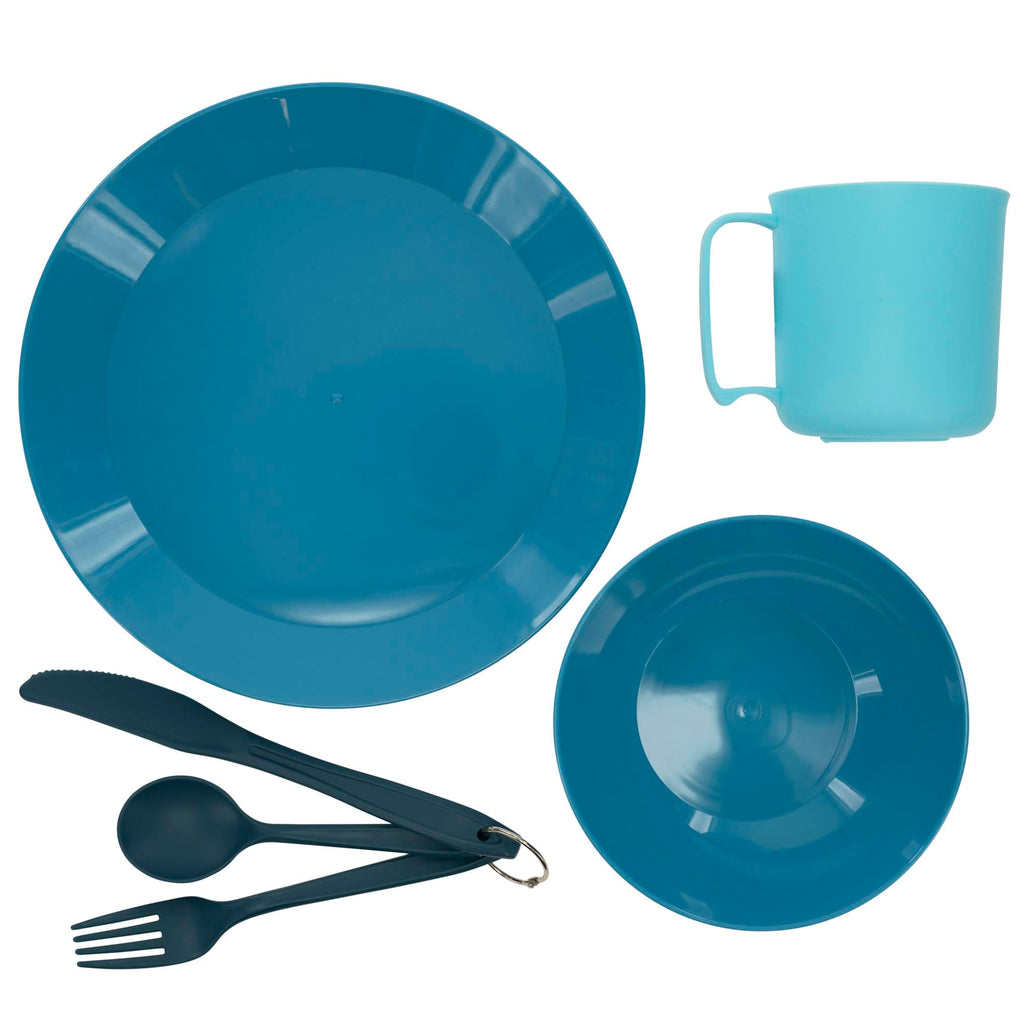 UST PackWare 6-piece camping dish set with plate, bowl, cup, fork, knife and spoon