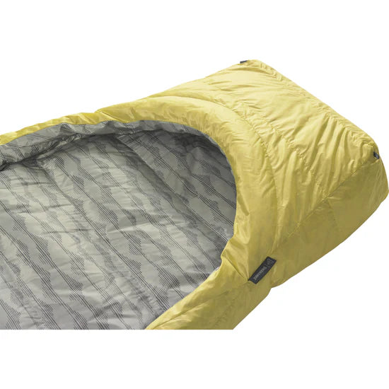 Yellow sleeping bag with open flap showing interior mesh design.