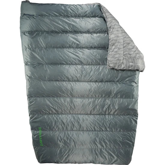 A gray Therm-a-Rest Vela 32 double sleeping bag.
