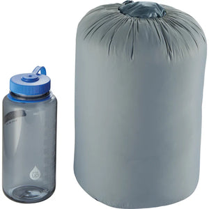 Gray storage bag and clear water bottle with blue lid on white background