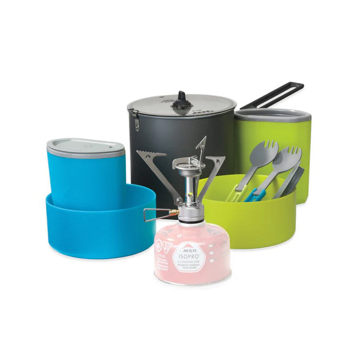 MSR PocketRocket Stove Kit components nested inside the 2 L pot: PocketRocket stove, pot, bowls, mugs, lid, sporks, fuel canister space