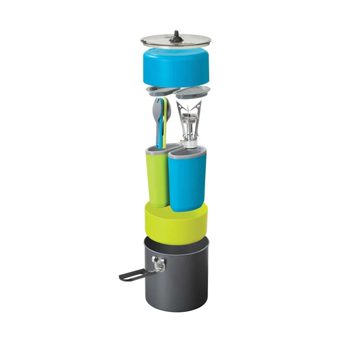 Multicolored portable kitchen set with blender and storage compartments on a white background.